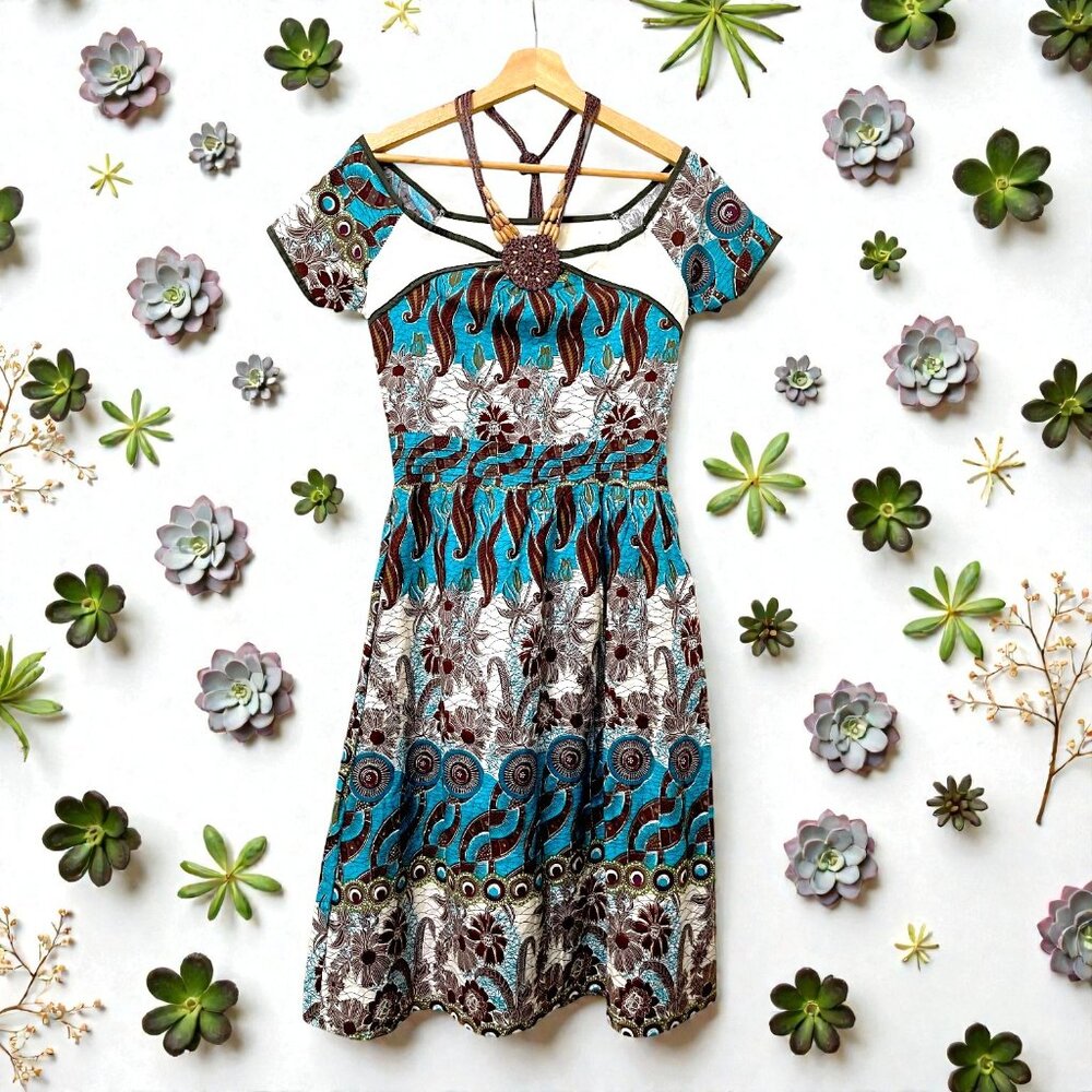 Vintage White, Black, Turquoise + Gold Sparkle Boho Dress Cottagecore Whimsy